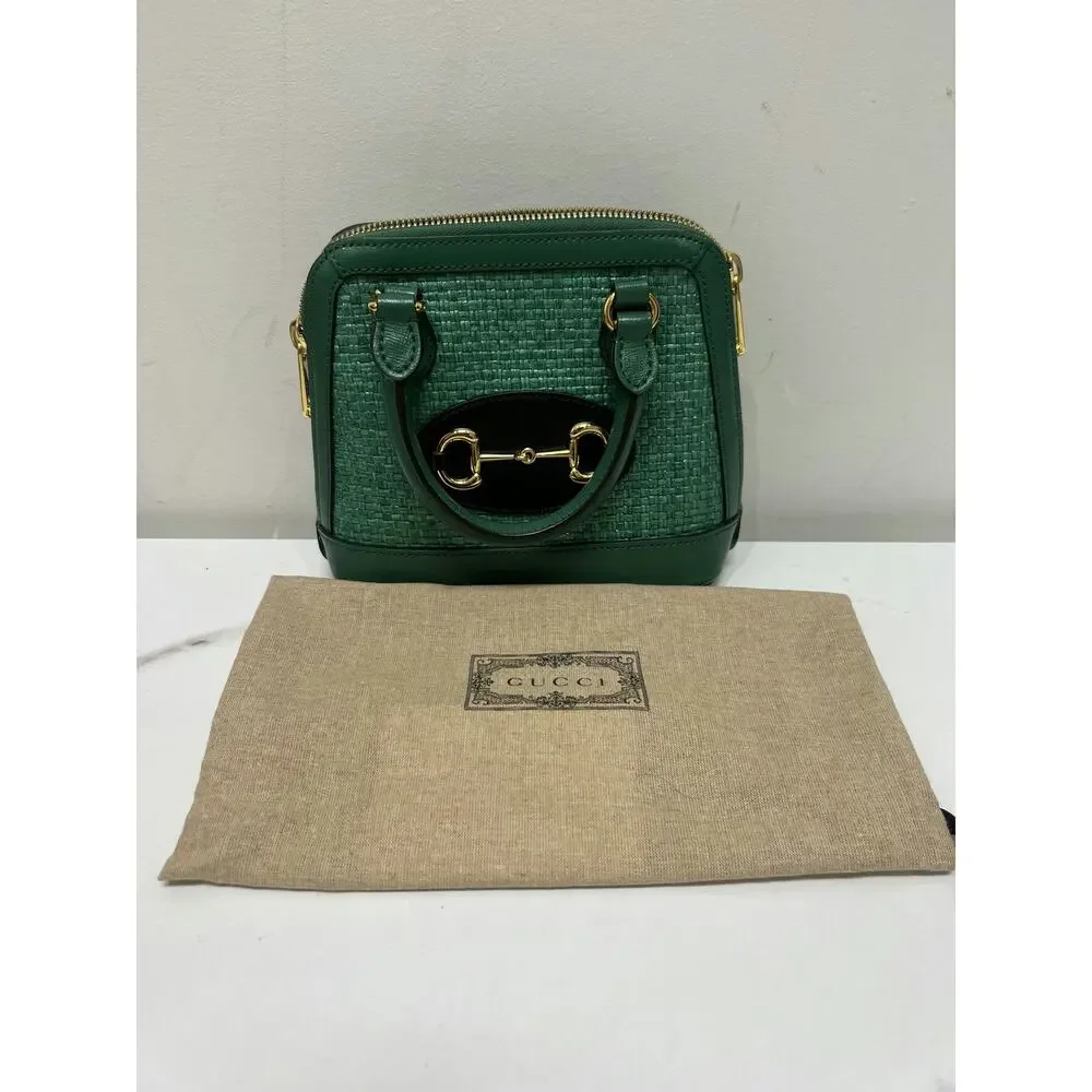 Gucci 640716 Green Woven Leather Mini Boston Bag with Gold Hardware - Picture 2 of 7